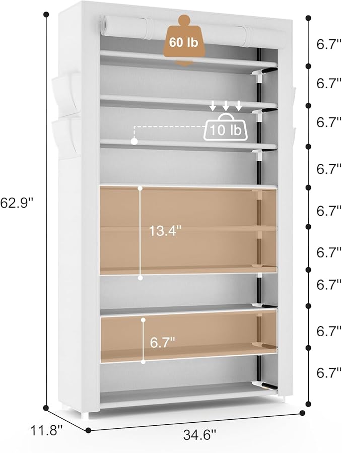 VILICK Shoe Rack with Cover Narrow Shoe Organizer with Pockets 10 Tier Tall Shoe Storage Holds 36-41 Pairs Shoes and Boots Sh