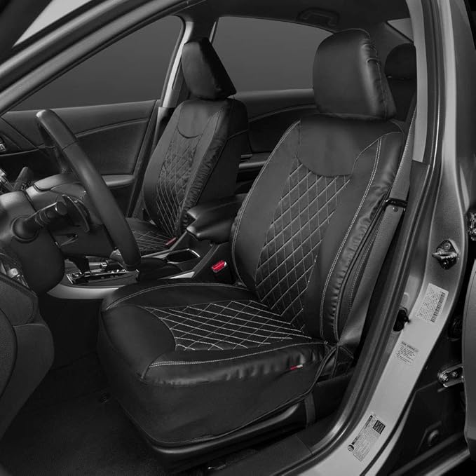 Motor Trend Black Stitched Faux Leather Car Seat Covers – Premium Automotive Bucket Front Seat Covers, Made for Vehicles with