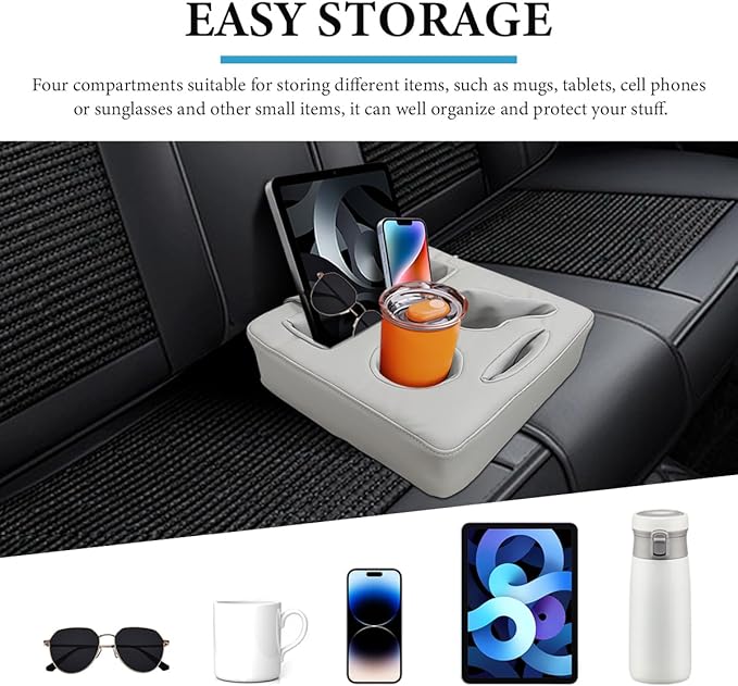 Car Back Seat Organizer, Leather Automotive Rear Seat Couch Cup Holder Expander Tray, Vehicle Cup Holder Tray Holds Snacks Remotes Phones for Truck RV Boat Couch Pillow Bed (Gray)