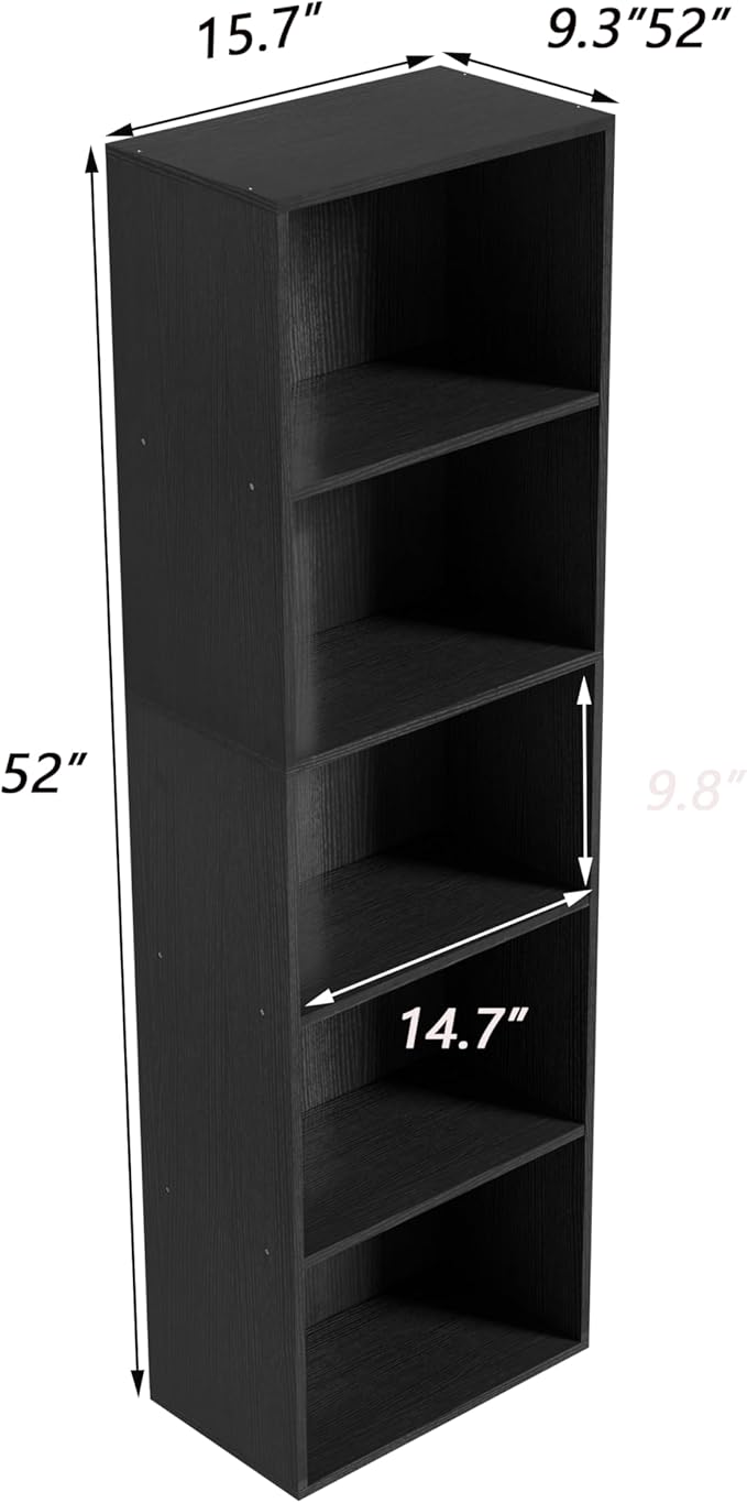 Wooden 5 Cube Storage Organizer, Black 5 Tier Bookcase Bookshelf Freestanding Storage Display Organizer, Versatile Cubes Open