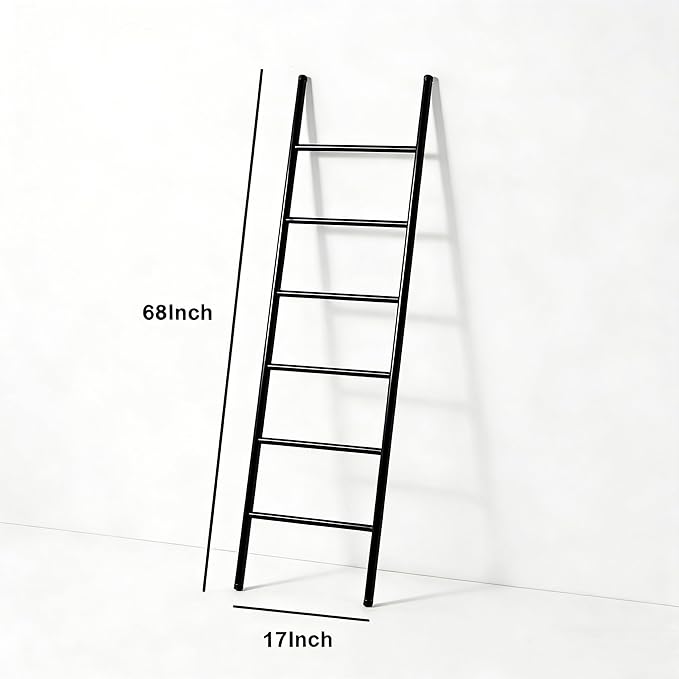 6-Tier Blanket Ladder 68 Inch Wall-Leaning Towel Rack for Living Room and Bedroom, Easy Assembly - Black