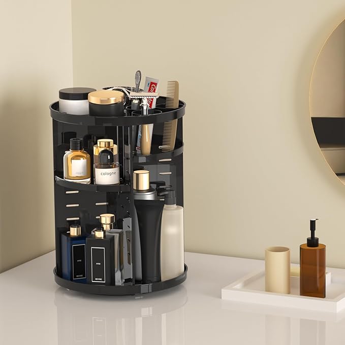 Jiavarry Rotating Makeup Organizer for Vanity, 360 Spinning Skincare Organizers with Adjustable Trays, Make Up Desk Storage C