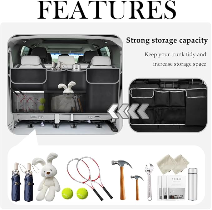 Large Capacity Car Trunk Organizer,Six Pockets Trunk Storage Organizer with Adjustable Straps,Wear-Resistant Oxford Fabric Han