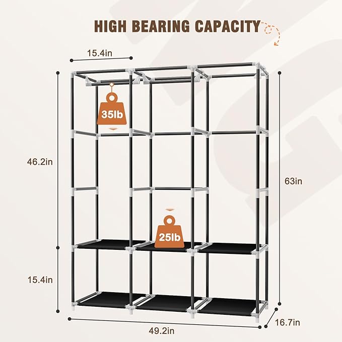 Neatrays Wardrobe Closet，Portable Closets for Hanging Clothes,Free Standing Clothes Rack with Cover & 3 Hanging rods & 6 Stor