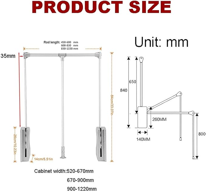 Adjustable Metal Wardrobe Lifting Rod - Heavy Duty Pull-Down Clothes Rail, Extendable Closet Organizer, Soft Return Hanger fo