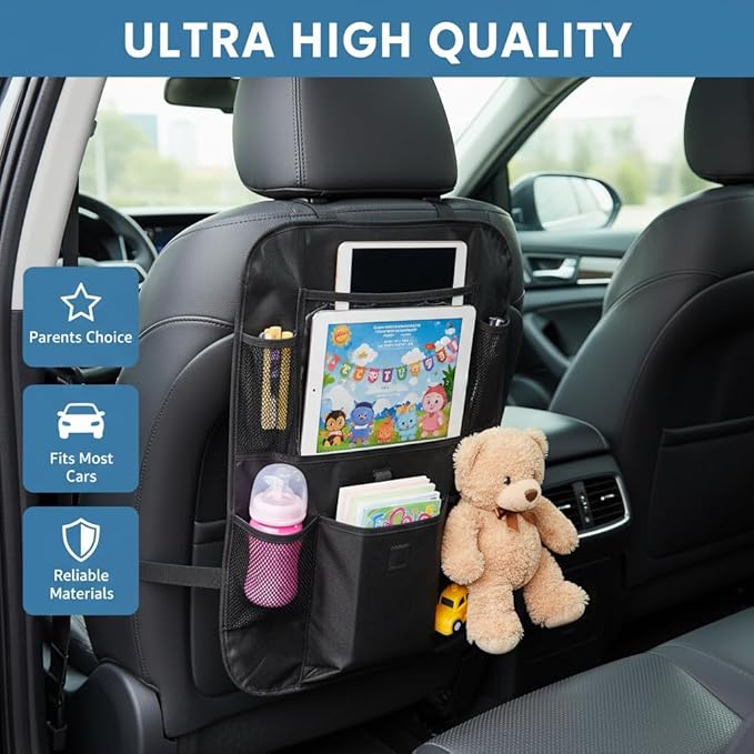Car Backseat Organizer with 12 Storage Pockets, 12" Touch Screen Tablet Holder, Waterproof Kick Mats Seat Protector, Car Organizers and Storage for Kids, Road Trip Essentials（2 Pack，Black）