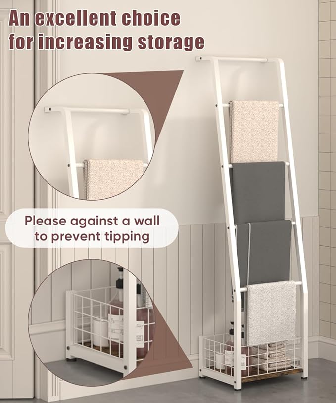 6.3ft Blanket Ladder with Storage Basket, 5 Tier Decorative Ladder Shelf Stand for Living Room & Bedroom, Wall-Leaning Blanke