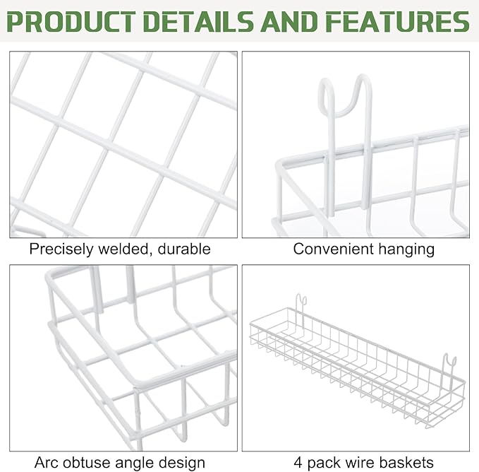 Blulu 4 Pcs 15.75 x 3.94 x 1.97 Inch Metal Grid Wall Baskets with Hooks Grid Wall Shelves Hanging Wire Basket Multi Function 