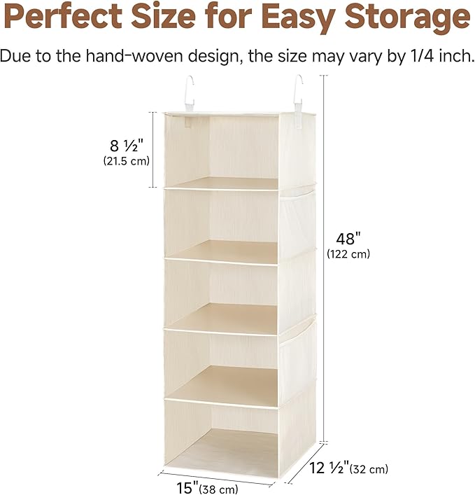 StorageWorks 5-Shelf Hanging Closet Organizers, Foldable Closet Storage Organizer with 2 Side Pockets, Portable Hanging Shelv