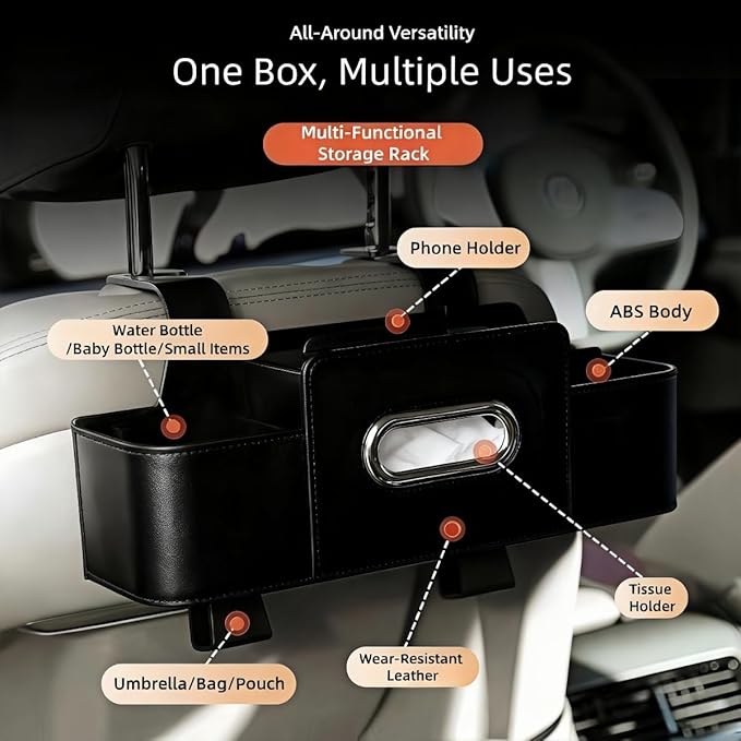 Back Seat Car Organizer, 4-in-1 Multifunctional Storage Box with Cup Holder & Tissue Holder, Premium Leather Adjustable Seat Back Organizer for Phone, Snacks, Purse for SUV Minivan Travel (Black)