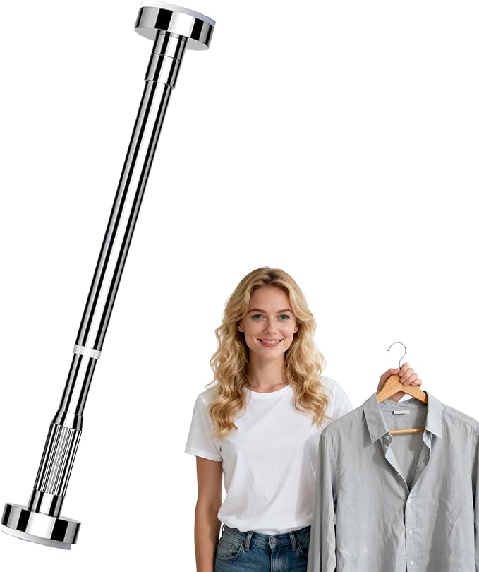 Adjustable Telescopic Closet Rod, No Drill Pressure Mount Hanging Bar, Space-Saving Extendable Clothes Rail, Silver 50-80cm (
