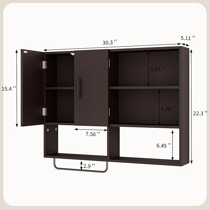 Medicine Cabinet, Wooden Bathroom Wall Cabinet with 2 Doors, Adjustable Shelves & Towel Bar, Over Toilet Storage Cabinet Wall