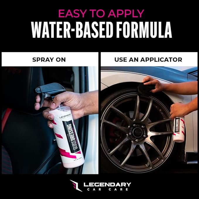 Legendary Gloss Dressing 64oz (Half Gallon) - Tire Shine Spray & Plastic Restorer – Water Based & Non-Greasy Interior/Exterio