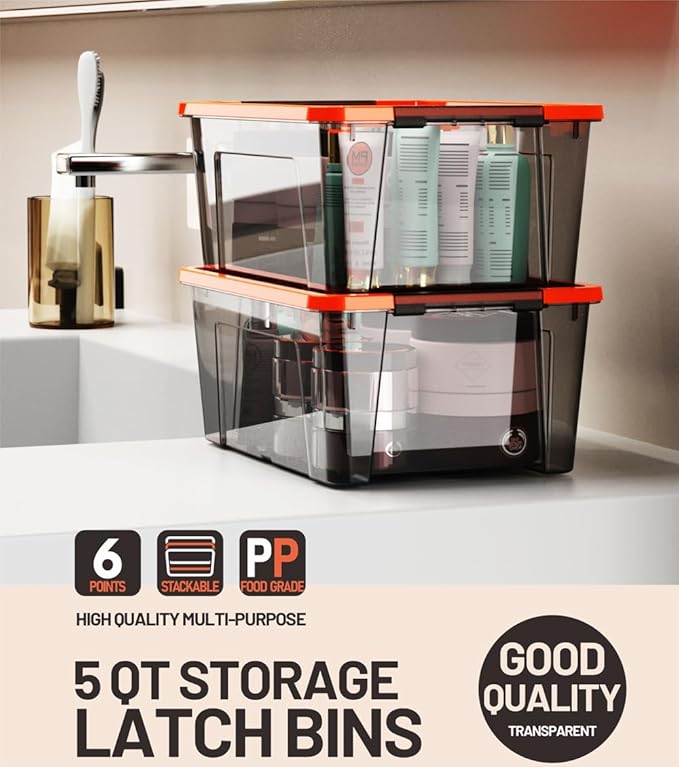 WYT 5-Quart Small Storage Container Bin with Orange Secure Lid and Black Clear Latch Buckles, Durable Plastic Stackable Nesta