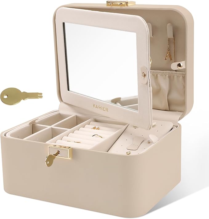 Upgraded Jewelry Box, 2 Layers PU Leather Jewelry Organizer for Women with Lock and Mirror, Hidden Necklace Hook and Removabl