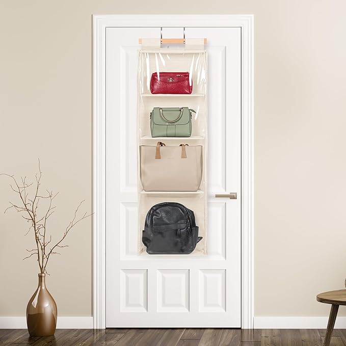 Syeeiex Over The Door Purse Organizer with Zippers, 4 Mesh Shelves,Clear Slubbed Fabric+PVC Hanging Closet Bag Organizer, Dus