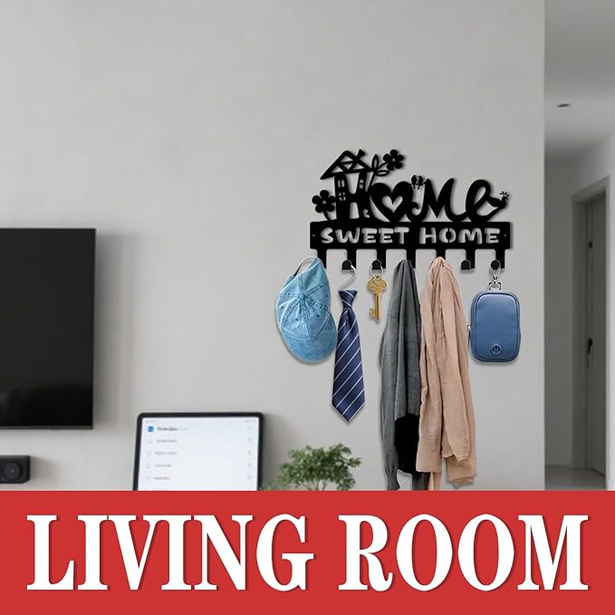 Key Holder Wall Mount, Home Sweet Home Sign, Key Holder Wall for Wall Decorative with 6 Hooks, Organizer Rack Hanger for Entr