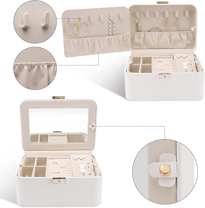 KAMIER Travel Jewelry Box, 2 Layers PU Leather Portable Jewelry Organizer, Large Capacity, Double Lock and Large Mirror, Hidd