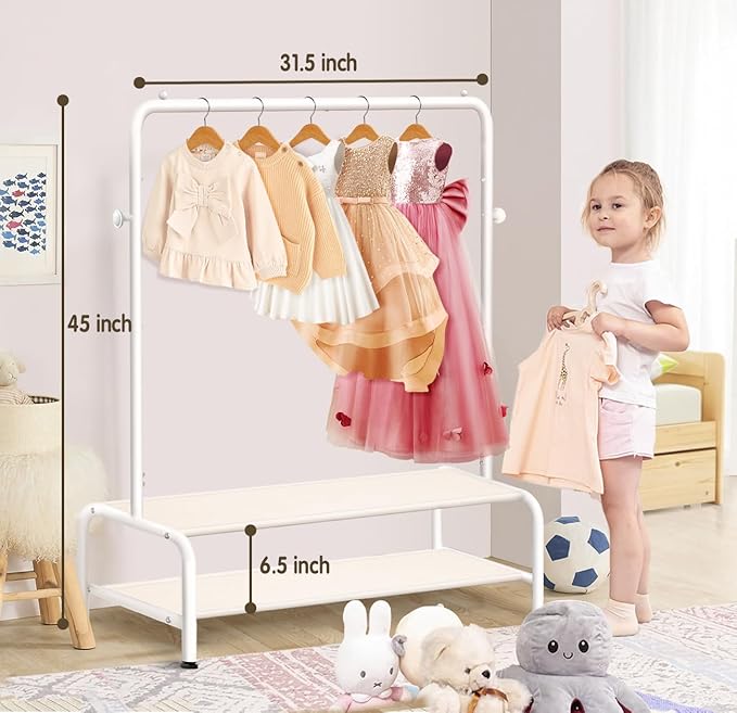Kids Clothing Rack - Dress Up Clothes Rack - Baby Toddler Closet - Mini Freestanding Coat Racks with 2 Fabric Shelves - Small