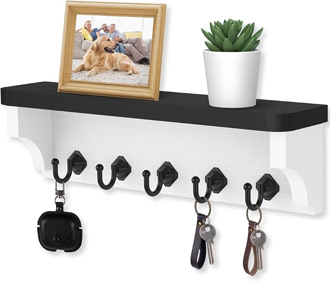 Nekon Key Holder for Wall, 11.8" W x 3.5" H x 2.8" D Decorative Key Organizer with Floating Shelf, Wall Mount Key Rack with 5