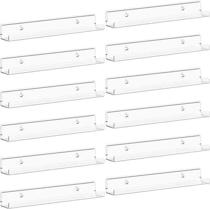 Lifewit Narrow Floating Shelves for Vinyl Record 12 Pack, 12" Clear Wall Shelves for Nail Polish/Book/Picture/Makeup, Acrylic