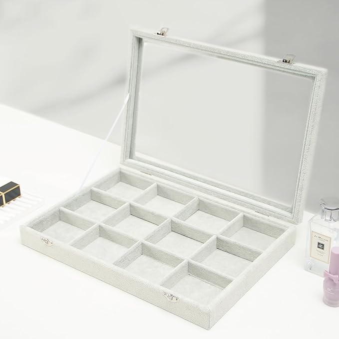 Coward Jewelry Organizer Tray Box, Grey Beige Velvet 12 Grids Bracelet Bangle Necklace Jewelry Display Tray Case with Transpa