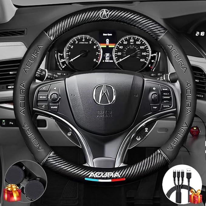 Customized Steering Wheel Cover Compatible with Acura, Nappa Leather & Carbon Fiber Design Car Steering Wheel Cover, with Coasters and 3-in-1 USB Fast Charging Cable (Black)