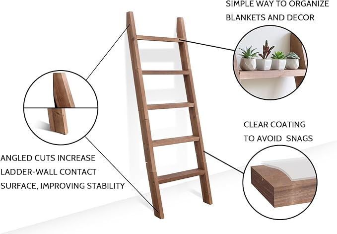 FUIN 5ft (58") Wood Blanket Ladder Living Room Decorative Wall Leaning Farmhouse Quilt Display Holder Shelf Rustic Wooden Tow