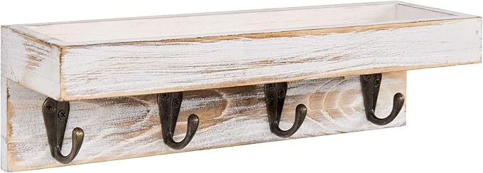 MyGift 10 Inch Floating Wall Shelf with Hooks, Whitewashed Wood Entryway Storage Shelf with 4 Metal Key Hooks