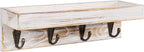 MyGift 10 Inch Floating Wall Shelf with Hooks, Whitewashed Wood Entryway Storage Shelf with 4 Metal Key Hooks