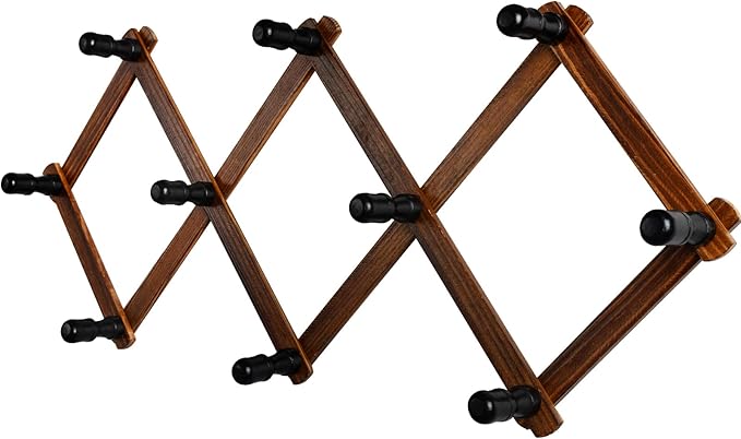 Accordion Wall Hanger, Wood Expandable Wall Mounted Hanger with 10 Hooks for Coats,Hats,Coffee Mug Ect,1 Pack Included, 10 Pe