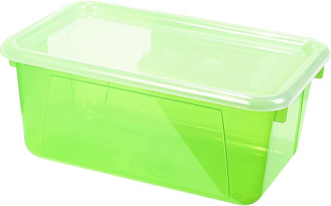Storex Small Cubby Bins – Plastic Storage Containers for Classroom with Non-Snap Lid, 12.2 x 7.8 x 5.1 inches, Tint Green, 5-
