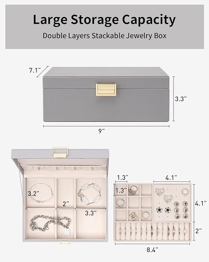 Vlando 2 Layer Jewelry Box Large Jewelry Organizer for Women Removable Jewelery Tray for Necklace Earrings Rings Bracelets Je