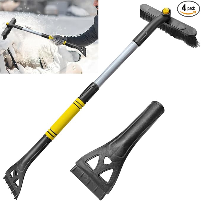 31.5" Detachable Snow Brush and Ice Scraper for Car Windshield, 2-in-1 Winter Snow Removal Tool with Extendable, 360° Rotating Soft Bristle Brush Head and Foam Grip for Most Vehicles (Yellow)