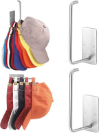 Hat Racks for Baseball Caps 2 Pack, Stainless Steel Adhesive Hat Hanger Hooks Holder for Wall, Multi-Purpose Strong Hook Orga