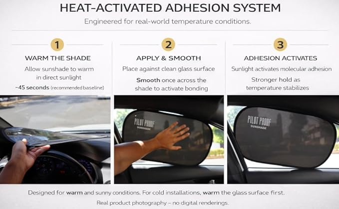 Blackout Light Car Window Sunshades – 4 Pack – Heat-Activated Grip – No Static Cling – 20” x 12” Universal Fit – Includes Storage Pouch