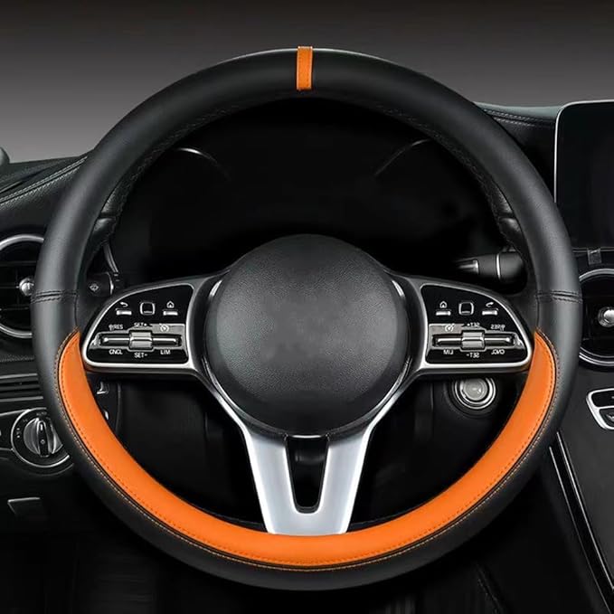 Morandi Color Steering Wheel Cover, Nappa Leather, Fashionable Sporty Style, Universal 15 inches, Black and Orange