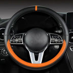 Morandi Color Steering Wheel Cover, Nappa Leather, Fashionable Sporty Style, Universal 15 inches, Black and Orange