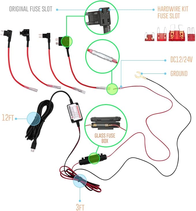 NUNET Type C Dash Cam Hardwire Kit, MicroUSB & Mini USB 15ft Power Cable with Low Voltage Protection, 11.9V Cut-Off, 4 Fuse Types (Mini/LP/ATO/Micro2), Universal Hard Wire Kit for Cars & Trucks