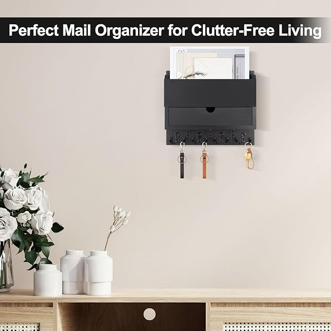 Mail and Key Holder Wall Mount with Storage Drawer – Modern Wooden Mail Organizer for Wall Entryway, 7 Key Hooks & Chalkboard