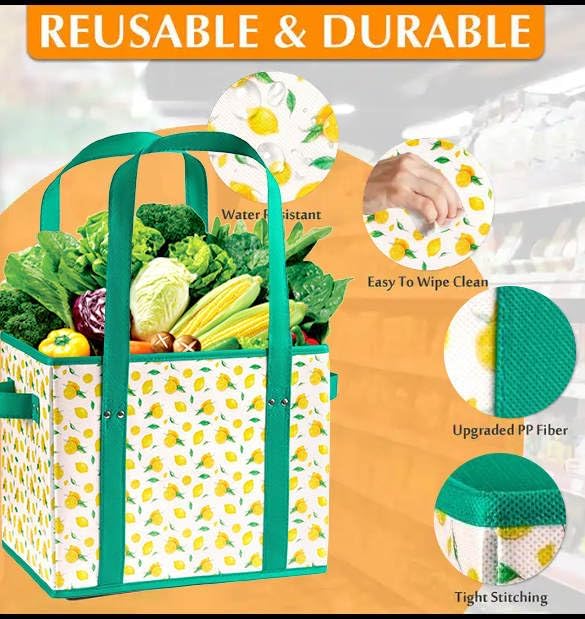 3 Pk Reusable Grocery Bags, Foldable Shopping Basket, Daily Utility Storage, Reinforced Bottom Handles Waterproof