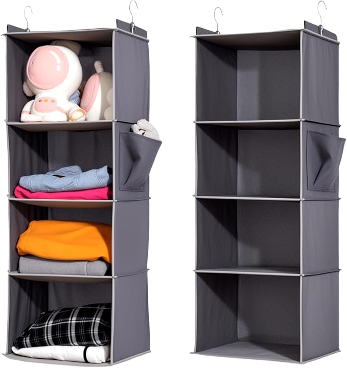 2 Packs Hanging Closet Organizer, 4-Shelf Closet Organizers and Storage with Side Pockets, Collapsible Hanging Shelves for Cl