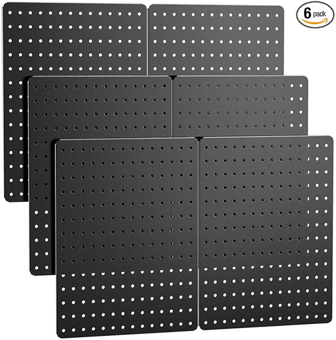 Peg Board, Heavy Duty Metal Pegboard, 6 Pack Black Peg Board Panels, 60lbs Load Capacity Each, Pegboard Wall Organizer for Ga