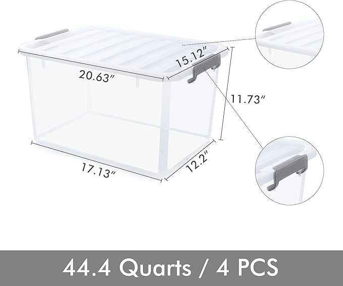 Citylife 44.4 QT Plastic Storage Bins with Latching Lids Stackable Storage Containers for Organizing Large Clear Storage Box 