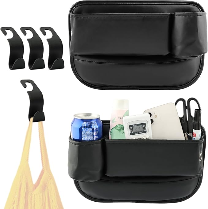 2Packs Car Seat Filler Organizer, Seat Gap Storage Box with Water Cup Holder & 4 Car-Seat Headrest Hooks, Universal fit for Most Car, for Phone, Keys, Wallet, Sunglasses and Bottles, Prevent Dropping