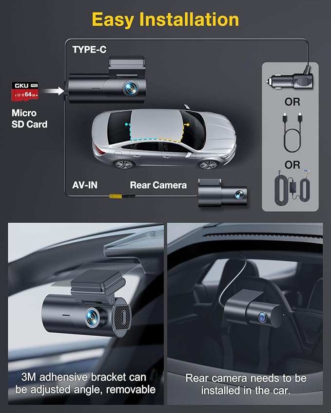 GKU Dash Cam Front and Rear Camera,4K+1080P, 5.8GHz WiFi & GPS Dash Camera for Cars,with 64G SD Card,1.47" Display Dashcam, 2