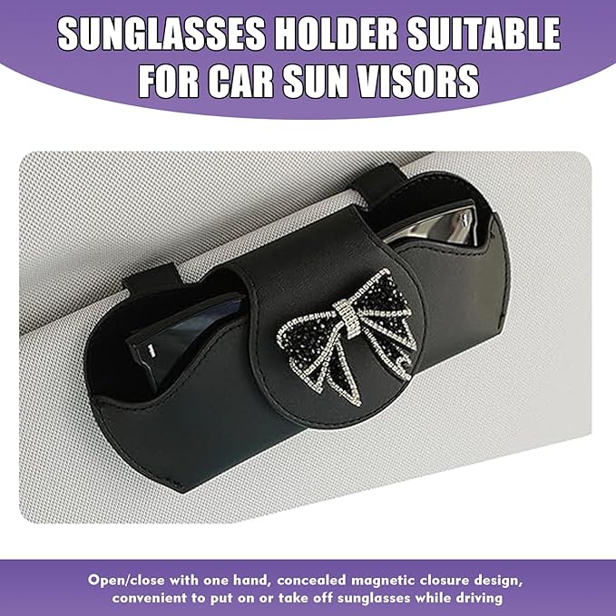 Bling Car Sunglass Holder, Rhinestone Bow Visor Storage Case for Sunglass Receipt Ornament, Soft Lining Anti-scratch Holder Clip, Interior Organizer Accessory for Cars (Black)