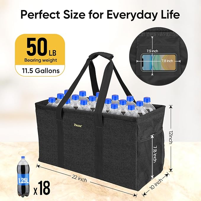 BALEINE Extra Large Utility Tote Bag with Reinforced Wire Frame, Reusable Grocery Bag for Shopping, Picnic (Black, 22''x12''x10'')