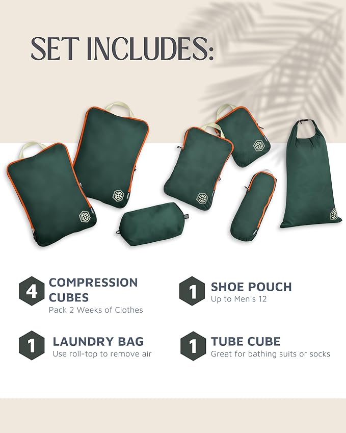TRIPPED XL Compression Packing Cubes — 7-Piece Set for Checked Luggage | Extra-Large (15.7"×11"×4") + Large + Small + Tube + 