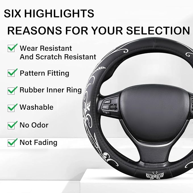 White Embroidery Butterfly Car Steering Wheel Cover,14.5-15 Inch Universal Leather Covers Breathable Anti-Slip Odorless Steer